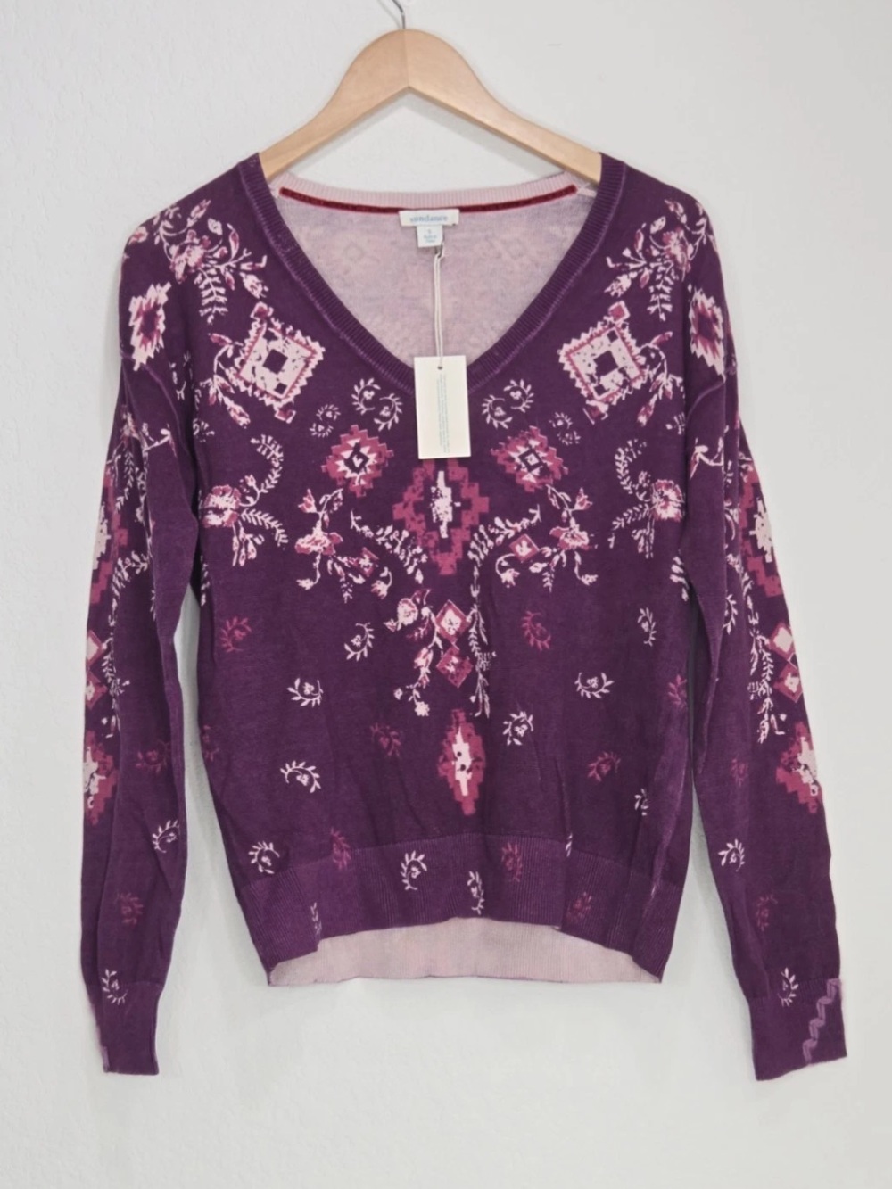 SUNDANCE Glissade Sweater Purple V Neck Bandana Cotton Size S Womens NEW
